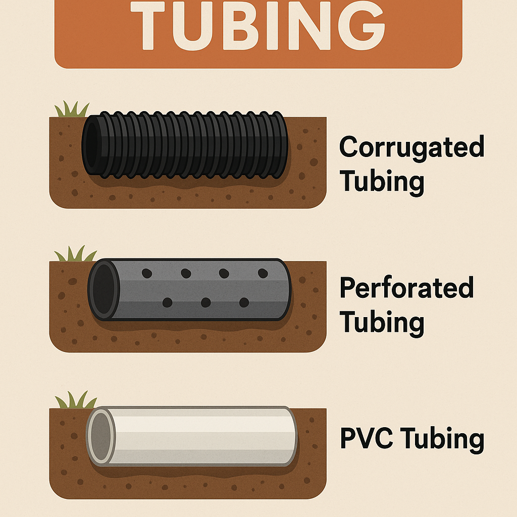 infographic of different tubing systems. Corrugated, perforated, and PVC